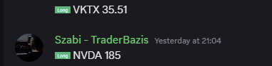 TraderBazis Discord üzenet VKTX és NVDA long pozíciókról, belépési árakkal